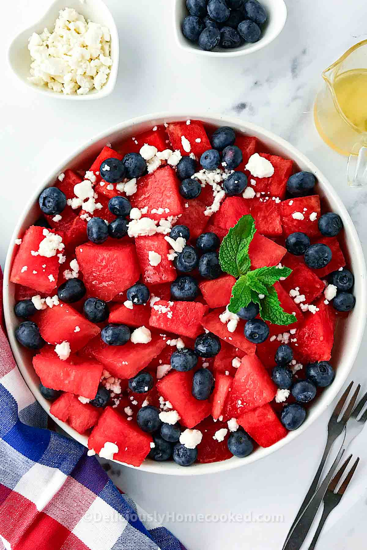 Watermelon blueberry feta salad - Deliciously Home Cooked